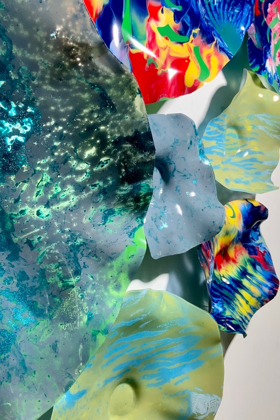Multi Colorful original wall flower dish art 12 handmade original -beach home decor - eco-friendly polymer looks like glass