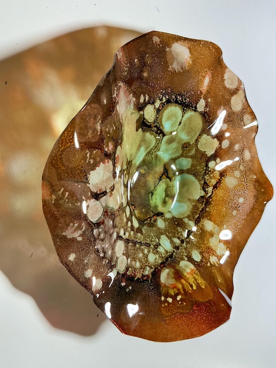 Boho Modern Floral Art: Handmade 5” Earth Tone Wall Flower in Brown & Aqua Green Up cycled plastic looks like glass