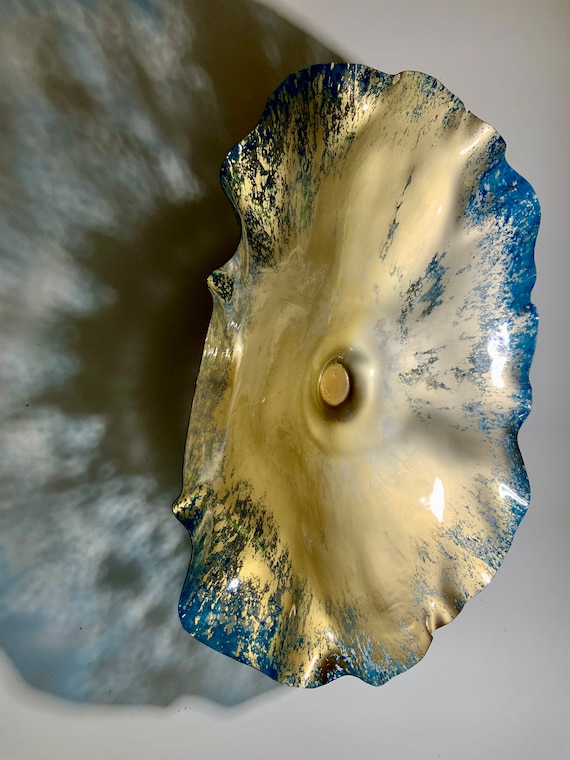 Extra large wall hanging unique living room decor/handmade up-cycled plastic 19” gold/silver/blue/cool home art/Ocean Arts/looks like glass