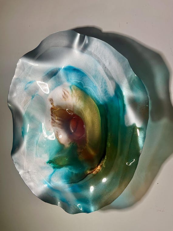 Handmade One of a Kind Wallflower12”: Recycled Plastic Sculpture in Stunning Silver, Orange & Blue