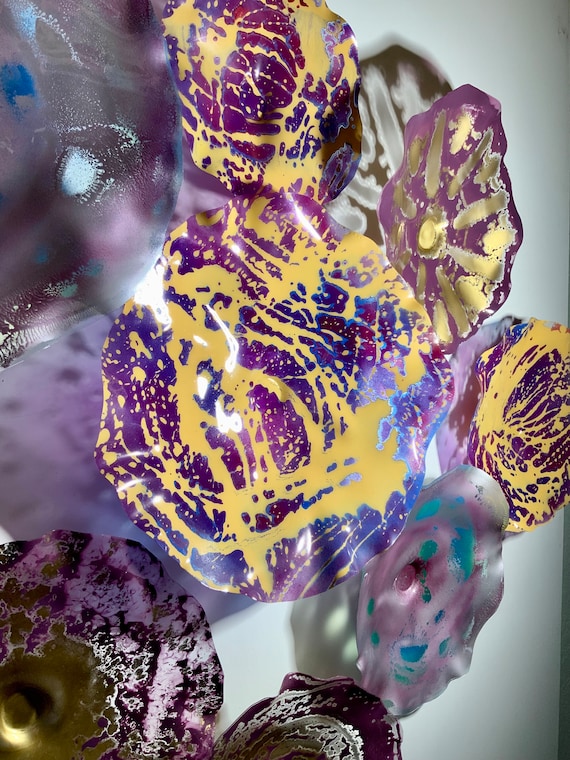 Burgundy/lavender/green/yellow wall flower 9 handmade original/home decor/recycled plastic looks like glass/ceiling hanging/designer plate