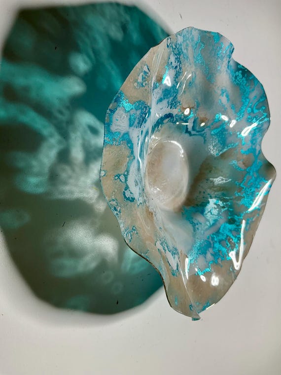 Sustainable Recycled plastic one of a kind x-Small wall flower 5” handmade white & metallic blue boho beach home decor/looks like glass