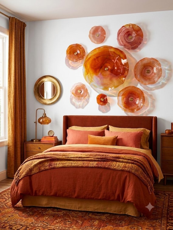 Exclusive Sea Glass Series: colorful shades of orange- burnt orange Wall Mural Set of 7 Handmade Recycled Polymer- glass like look