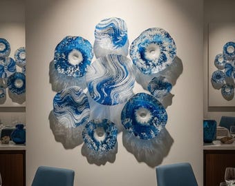 Made to order White/ocean teal blues wall sculpture art 8 handmade beach home decor eco-friendly polymer - looks like glass/ceiling hanging