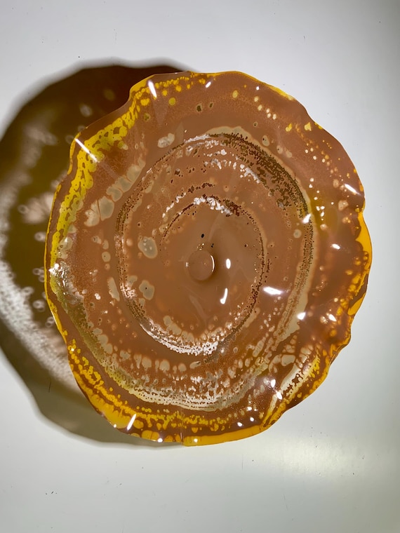 Handmade round wall decor recycled plastic 15”/tan/mustard yellow/looks like glass/neutral boho home art wall plate/earthy outdoor decor art