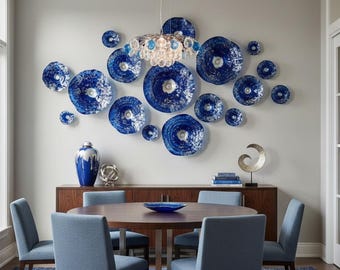 Shades of blue and silver flowers wall art - handmade recycled polymer looks like glass pick your size & quantity