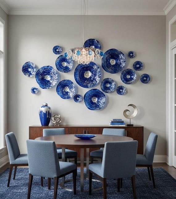 Shades of blue and silver flowers wall art - handmade recycled polymer looks like glass pick your size & quantity