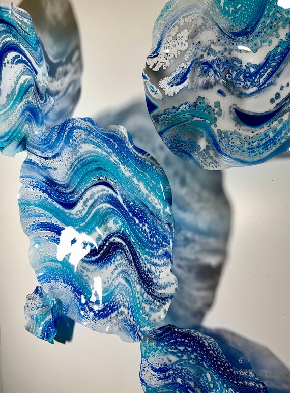 Beachy wall art handmade home decor recycled plastic ocean wave blue/aqua marine/white interior design/pick size/quantity/looks like glass