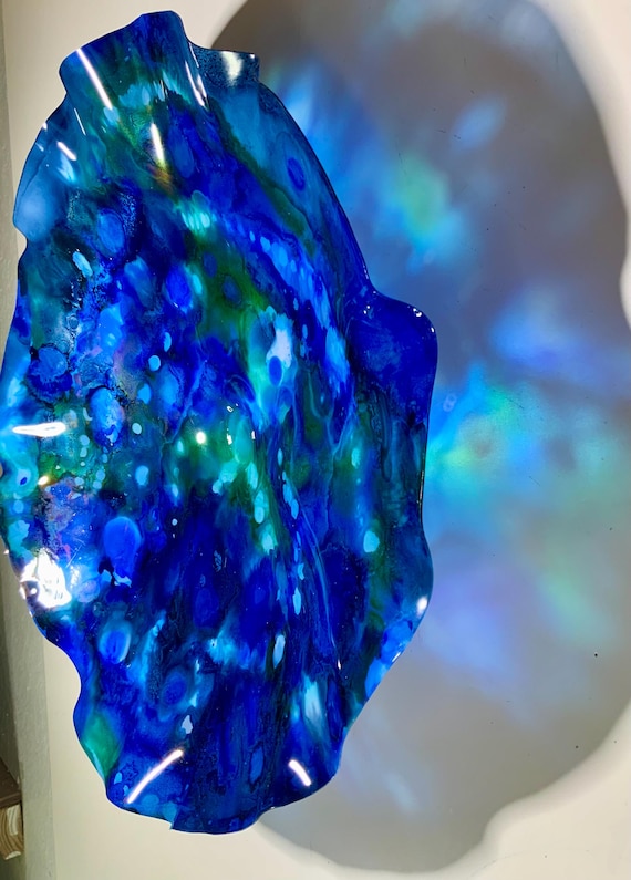 Extra large wall hanging cool beach art coastal living room decor/handmade up-cycled plastic 19” sea blue green/Ocean Arts/looks like glass