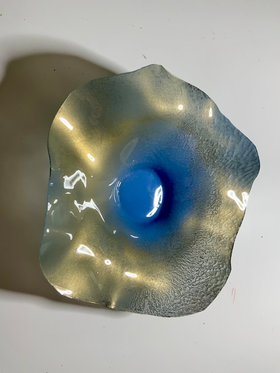 Handmade round Wall flower home decor-  recycled plastic gold & blue extra small 5” - looks like glass