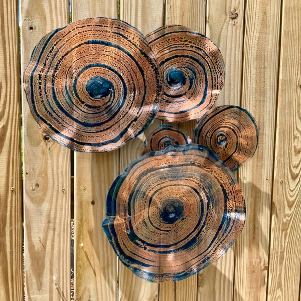 Copper/teal blue flowers wall art recycled plastic looks like glass You pick size/quantity/indoor outdoor/yard art/modern home decor plate