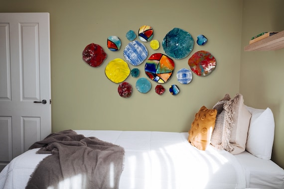 Colorful Wall platters art artist choice 17/handmade original recycled plastic/boho home/large wall mural art/looks like glass