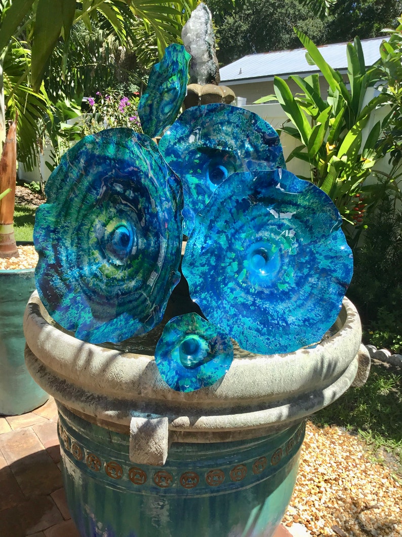 Wall Flower sculpture Teal blue-green recycled plastic looks like glass/wall mount/indoor outdoor/boho wall decor You pick size/quantity image 8