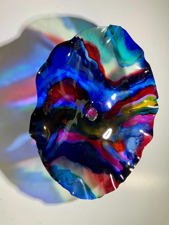 Original floral wall art 15” handmade up cycled plastic/blue/red/green/yellow/black looks like glass/home decor patio art/large wall flower