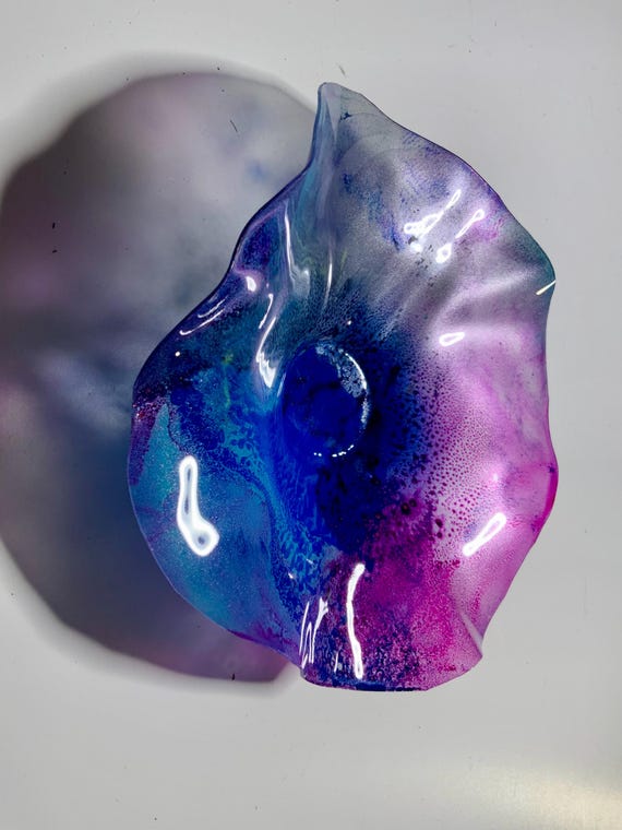 Original extra Small wall flower 5” handmade up cycled plastic/patio decor silver/blue/pink/indoor outdoor beach home art/looks like glass