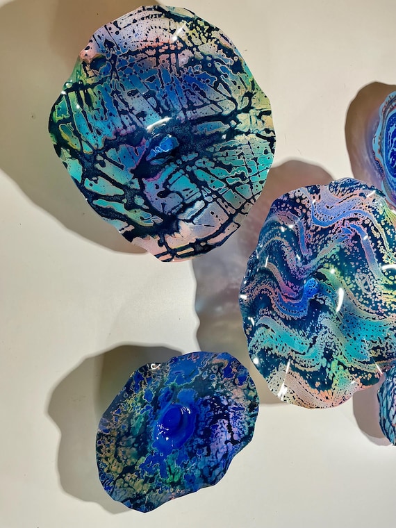 Seaside wall decor set 5 blue, teal, pink, green handmade home decor - eco-friendly plastic -  looks like glass