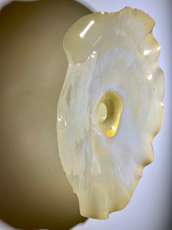 Recycled water bottle wall flower accent art 12" antique white/gold handmade eco art/boho coastal home decor/outdoor art/looks like glass