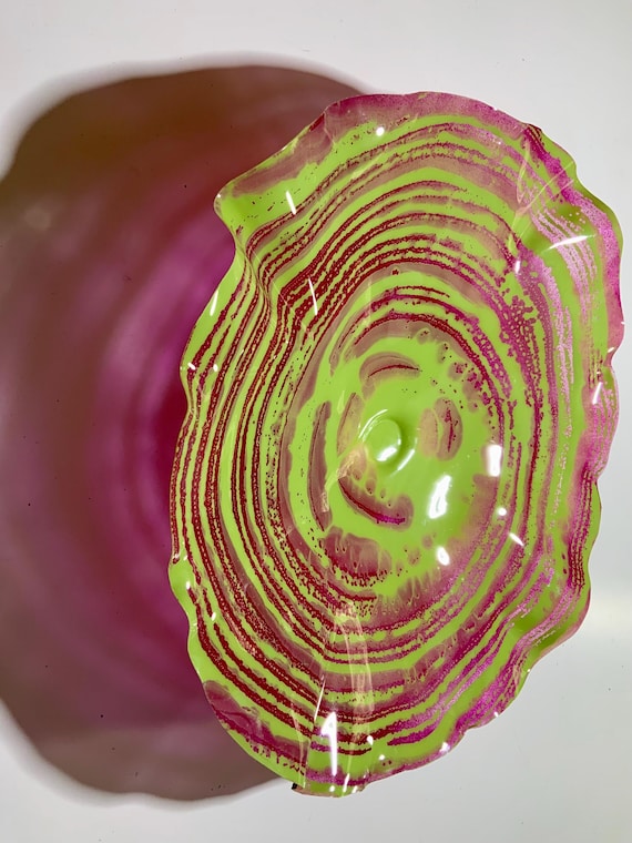 Recycled water bottle art wall flower handmade home decor extra large 19” lime cream green/coral red - looks like glass