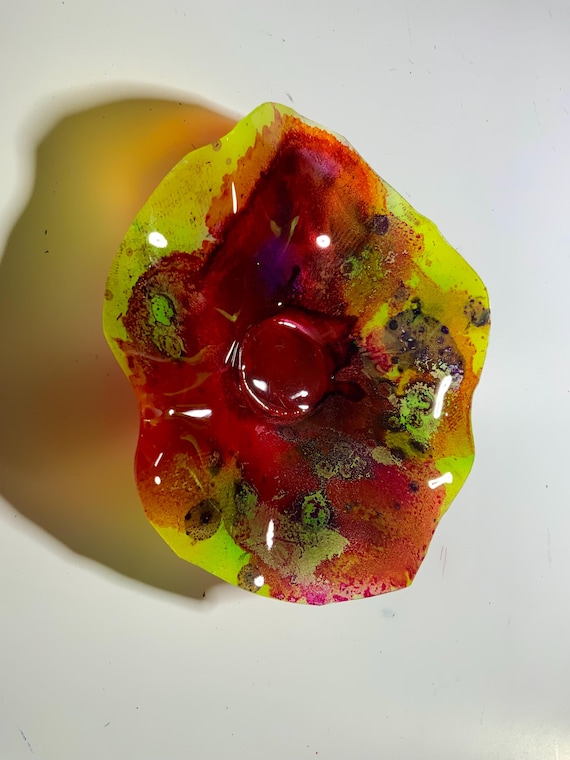 Extra Small wall flower yellow burgundy red/green 5” handmade recycled plastic/minimalist decor/ceiling hanging/looks like glass