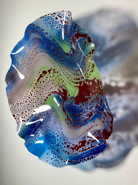 Large wall flower Dish art 15” handmade up cycled plastic blue/green/burgundy/boho home decor plate/dish art/wall mount/looks like glass