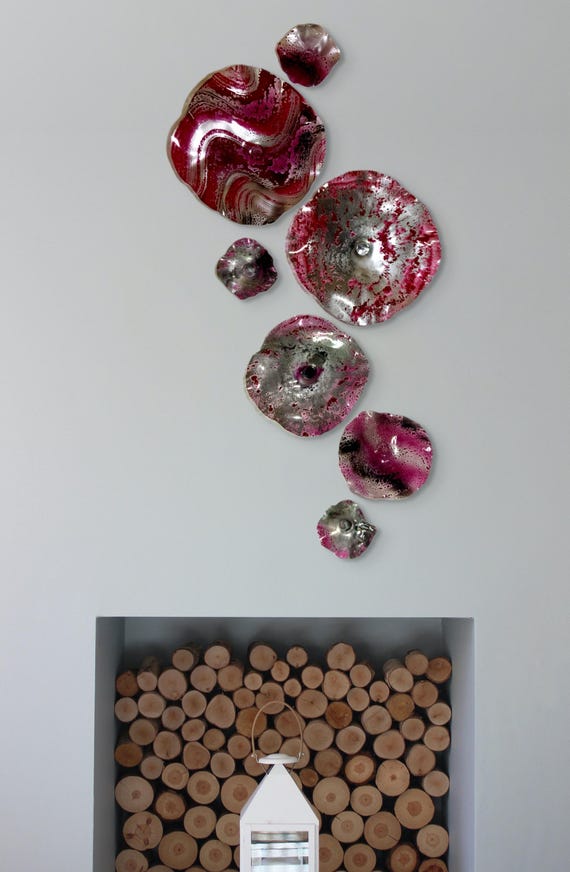 Original Wall Flower sculpture 7 burgundy/silver/black handmade up-cycled polymer/looks like glass/large wall hanging/decorative home decor