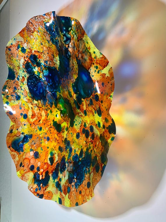 Huge wall hanging yellow, green blue & orange XX Large 24” handmade eco-friendly plastic -looks like glass. - lightweight