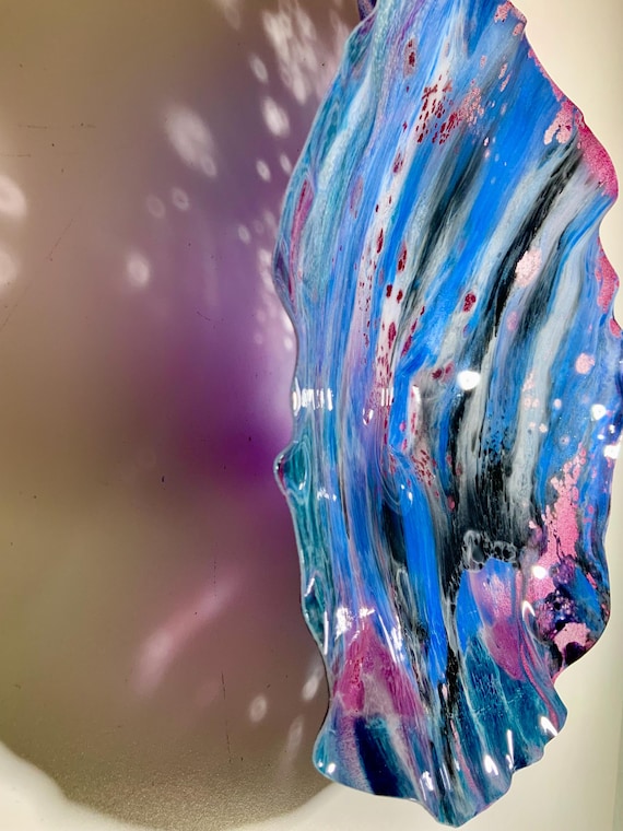 Original Medium wall flower art 12" handmade up-cycled plastic/blue/metallic red/gray/teal/home decor/outdoor wall hanging/looks like glass