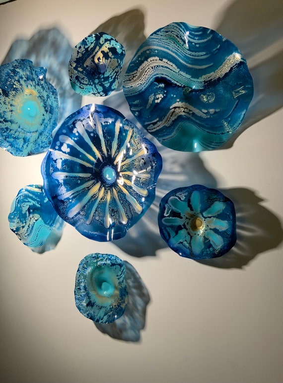 Made to order Gold/teal blue/aqua wall flower 7 handmade looks like glass recycled plastic large wall hanging/boho home decor metallic mural