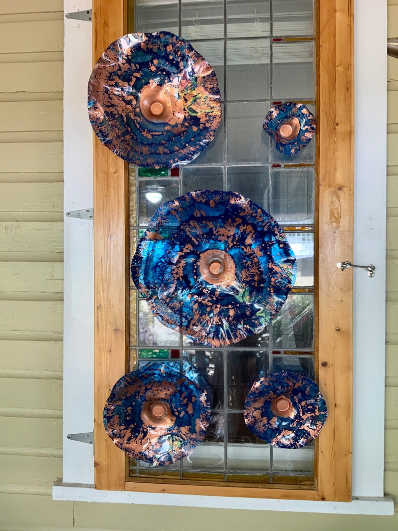 Recycled plastic wall flower Cobalt blue/copper wall hanging/home decor art/you pick size/quantity handmade indoor outdoor/looks like glass image 8