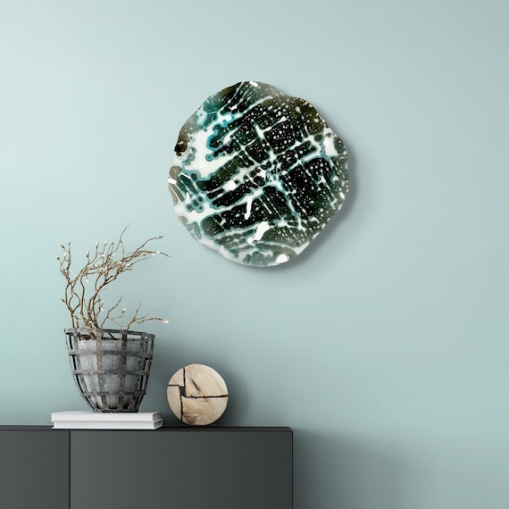 Medium Wall flower home wall sculpture decor 13” black/aqua blue/white handmade eco-friendly plastic/looks like glass/gift for her/outdoor