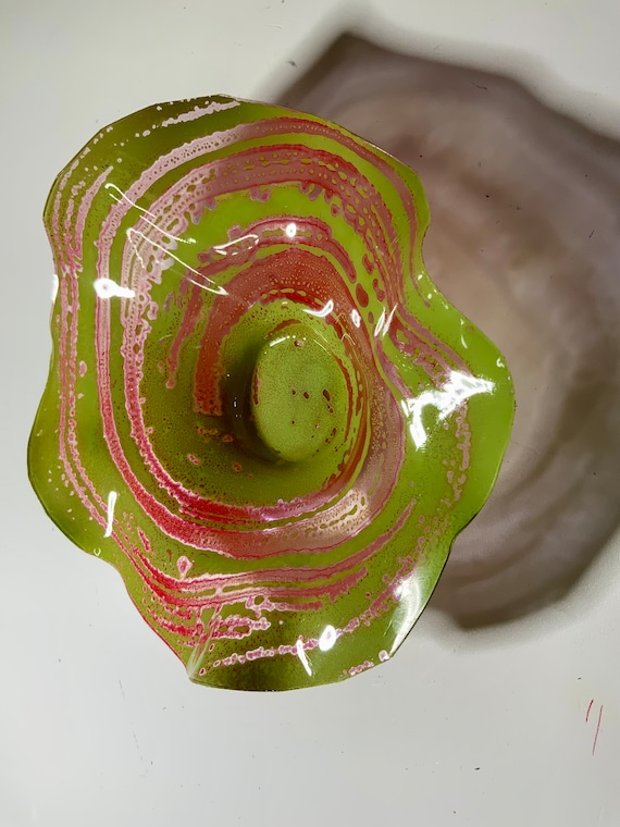 Handmade Green & Pink Swirl Wall Flower: Upcycled Plastic Art, 5” glass like look