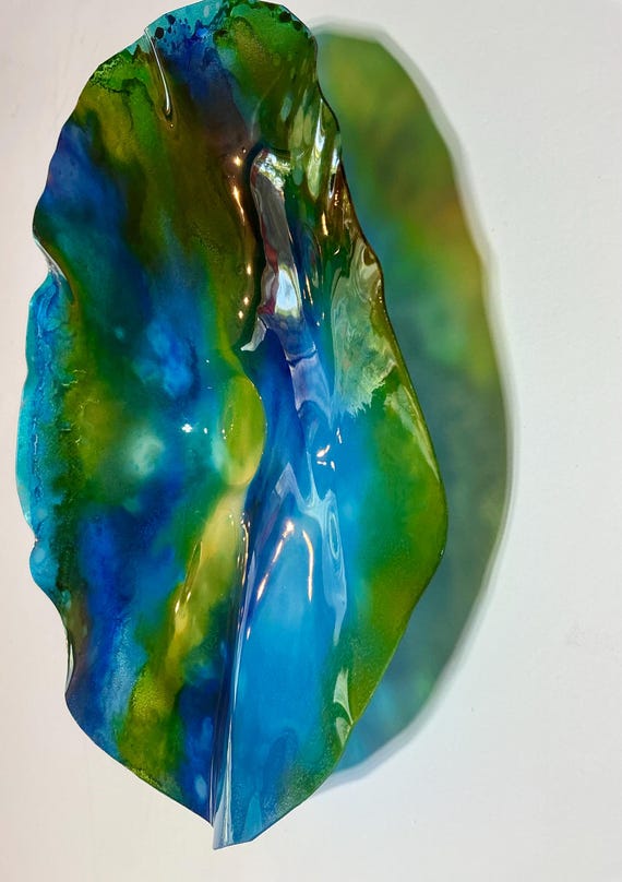 Wall flower home decor Art blue, green & yellow - handmade from Recycled Polymer - 9” glass like look
