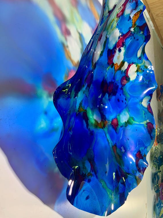 Recycled plastic huge wall hanging cool beach home decor XX Large handmade colorful art blue/burgundy/orange/looks like glass/easy to hang