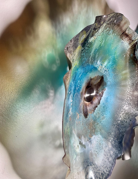 Brown, Silver, Teal & Blue Wallflower Decor – Glass-Look in Neutral Earth Tones, Handmade with upcycled polymer