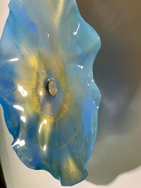 Handmade wall decor recycled plastic 15” sky blue/gold/periwinkle looks like glass