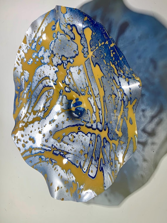 Brilliant flower creative home wall sculpture art medium 13” yellow/silver/blue handmade eco-friendly plastic/looks like glass/gift for her