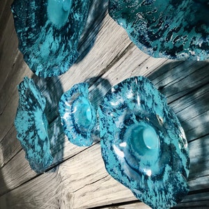 Aqua/teal blue flowers wall art sculpture handmade recycled plastic looks like glass/indoor outdoor boho home decor/You pick size/quantity image 7