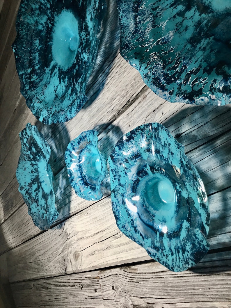 Aqua/teal blue flowers wall art sculpture handmade recycled plastic looks like glass/indoor outdoor boho home decor/You pick size/quantity image 7