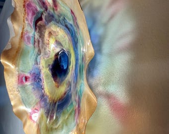 Orange, turquoise, magenta & yellow large wall flower art 15” handmade up cycled polymer looks like glass- home decor