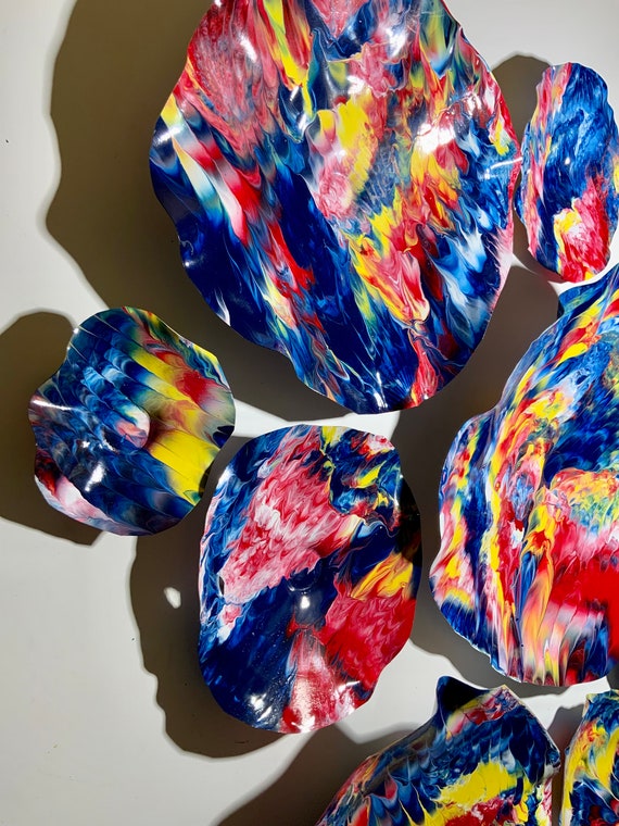 Large colorful wall Flower mural  9 blue/yellow/red/white up-cycled plastic looks like glass/indoor/outdoor home decor art/ceiling hanging