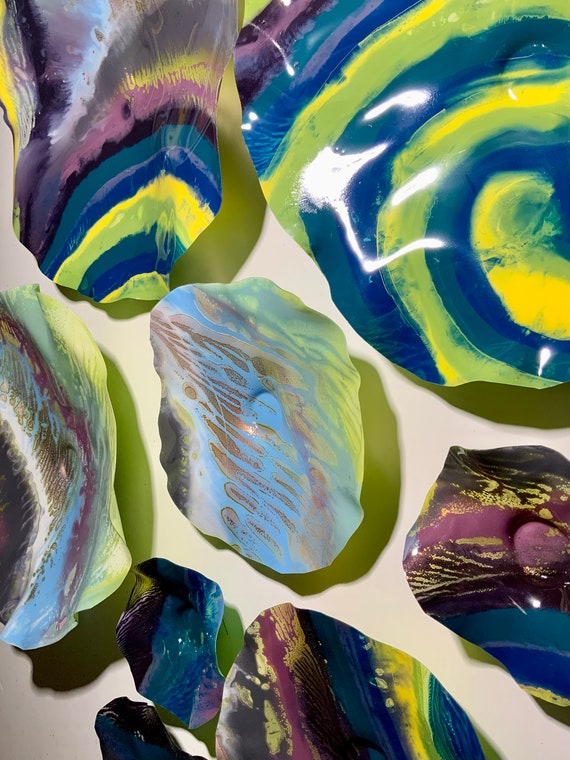 Large wall flower mural living room art set 18 yellow, copper, mauve, blue, purple &teal recycled polymer-  looks like glass