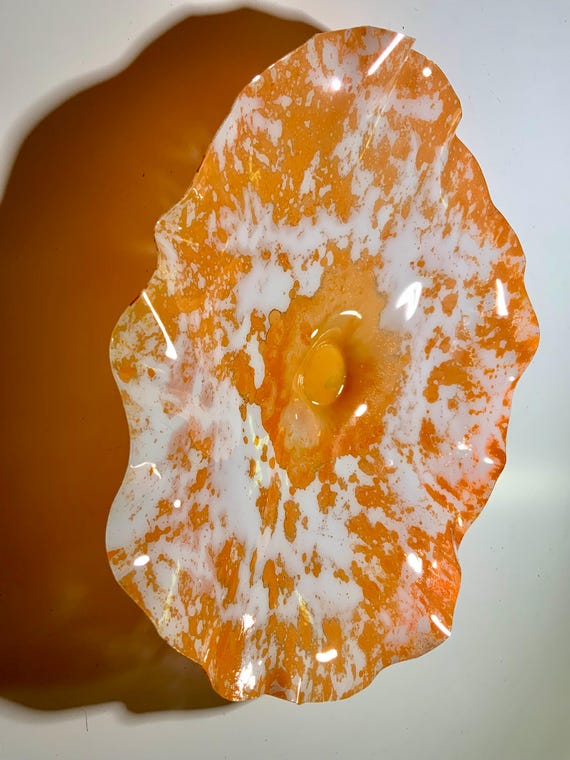 Recycled water bottle wall flower accent 12" orange/white handmade eco art boho home decor/outdoor patio art/looks like glass