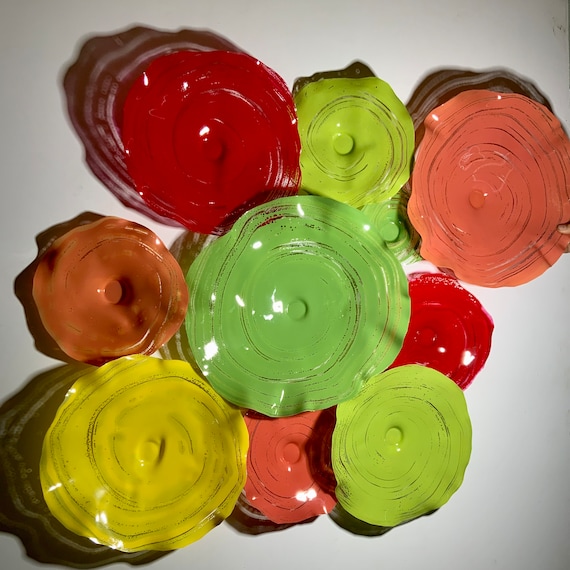 Red/lime green/salmon/yellow rainbow mural 18 handmade recycled plastic/looks like glass/indoor outdoor/original home decor whimsy/yard  art