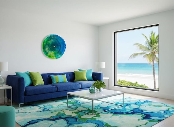 XX large living room boho home decor wall art 24” handmade up cycled polymer blue & Gree  looks like glass/easy to hang