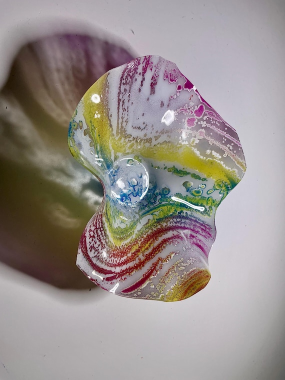 One of a kind handmade up cycled polymer wall flower pink, white, yellow and blue extra small 5”