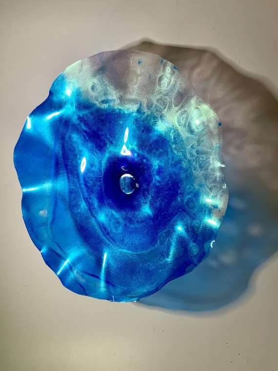 Handmade wall decor recycled plastic 15” metallic blue/white/silver looks like glass/minimalist home decor/cool wall hanging art/outdoor art