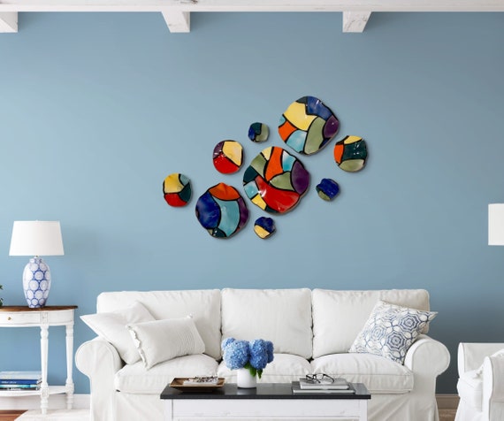 Original Wall sculpture dish art 9 rainbow/black handmade recycled plastic/boho home decor/large wall mural mount/looks like glass/porch art