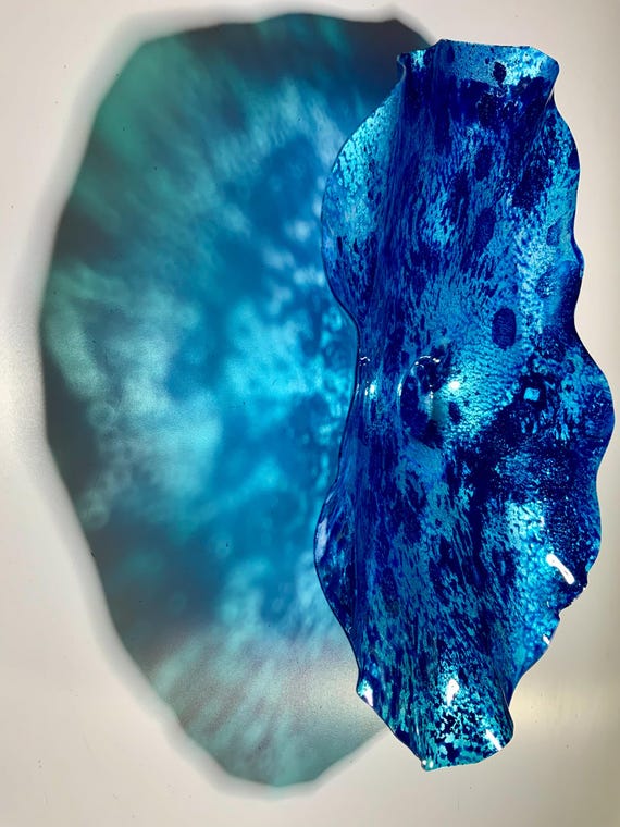 Handmade recycled plastic Medium Wall flower home decor metallic cobalt blue/beachy wall sculpture 13” looks like glass/unique gift for her