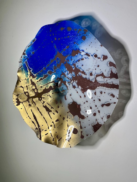Handmade upcycled Polymer Wall Flower: blue, brown, white, gold Ocean Art boho home decor/looks like glass