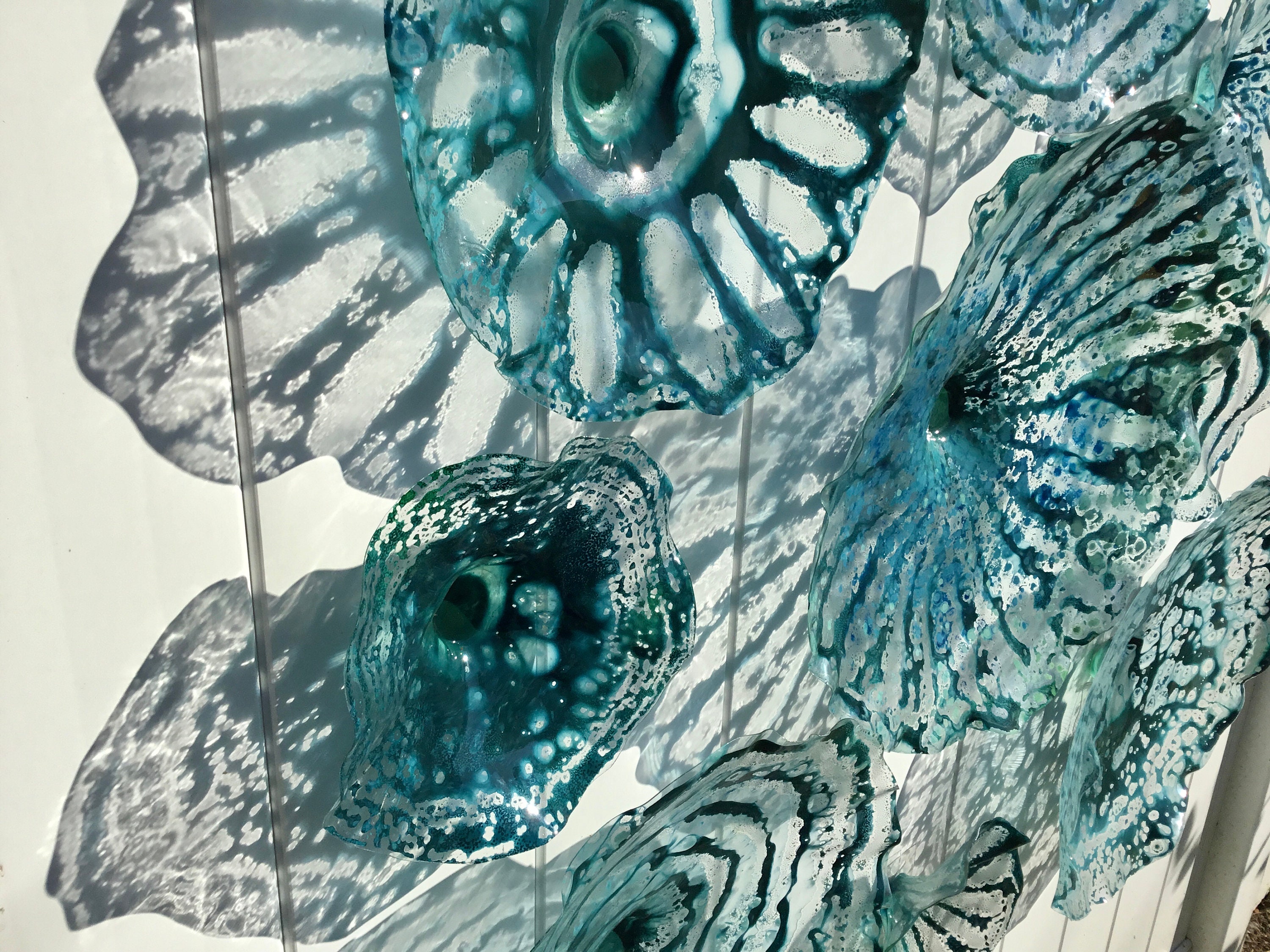 Teal bluegreen wall sculpture set 9 upcycled plastic wall mount/fine art platter indoor